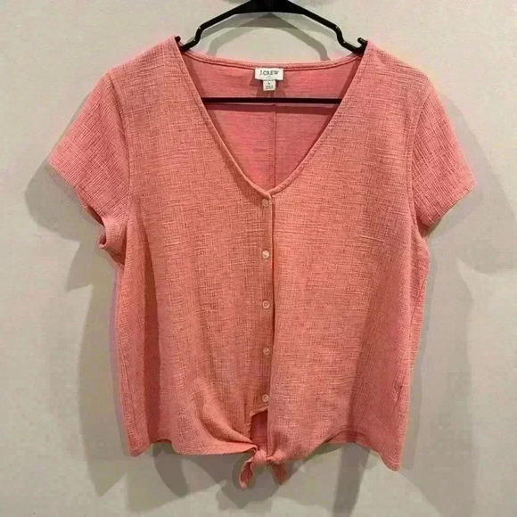 J. Crew Women’s Textured Pink Short Sleeve Tie-front V-Neck Button Down Size L - Picture 1 of 6
